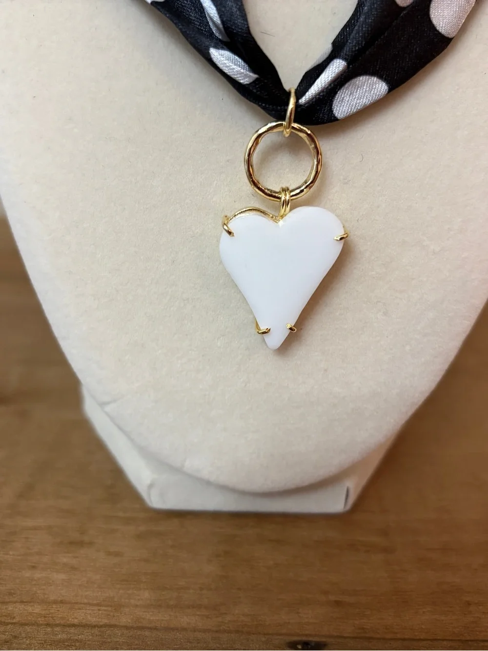 Polka Dot Black Scarf Necklace with White Heart Pendant